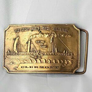 Clermont The Great North River Steamboat 1974 Vintage Brass Belt Buckle New York